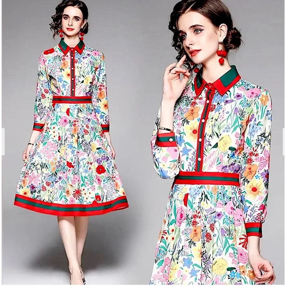 NEW Dalia Macphee Floral Pleated Fit Flare Midi 50s Dress Small Retro Rockabilly